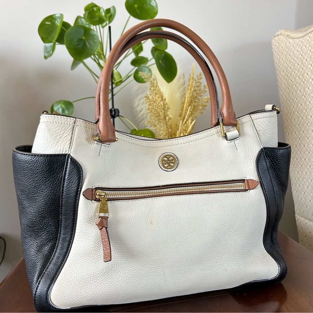 Tory Burch Black, White, and Tan Satchel